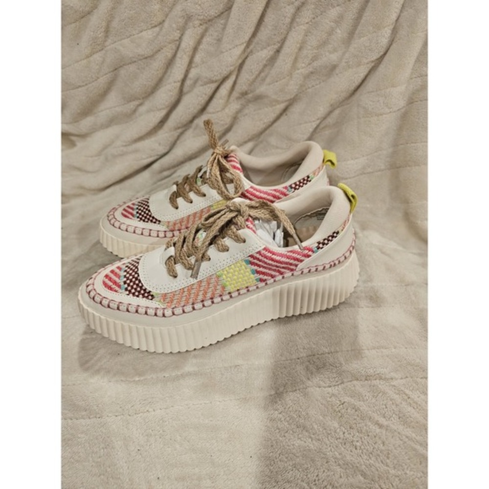 Dolce Vita Cream Multicolor Woven Platform Sneakers with Yellow Tab - Picture 3 of 11